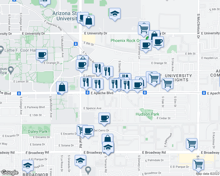 map of restaurants, bars, coffee shops, grocery stores, and more near 1100 East Apache Boulevard in Tempe