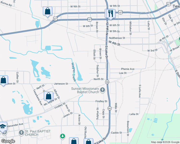 map of restaurants, bars, coffee shops, grocery stores, and more near 1610 Lee Street in Texarkana