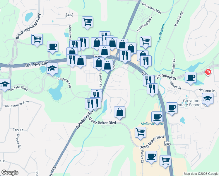 map of restaurants, bars, coffee shops, grocery stores, and more near 111 Old Brook Place in Birmingham