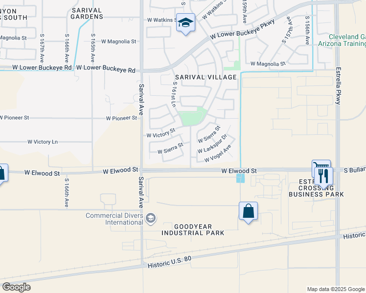 map of restaurants, bars, coffee shops, grocery stores, and more near 3463 South 162nd Avenue in Goodyear