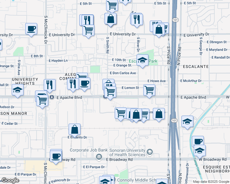 map of restaurants, bars, coffee shops, grocery stores, and more near 2010 East Apache Boulevard in Tempe