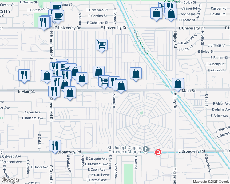 map of restaurants, bars, coffee shops, grocery stores, and more near 4805 E Main St in Mesa