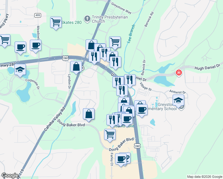 map of restaurants, bars, coffee shops, grocery stores, and more near 924 Greystone Highlands Circle in Birmingham