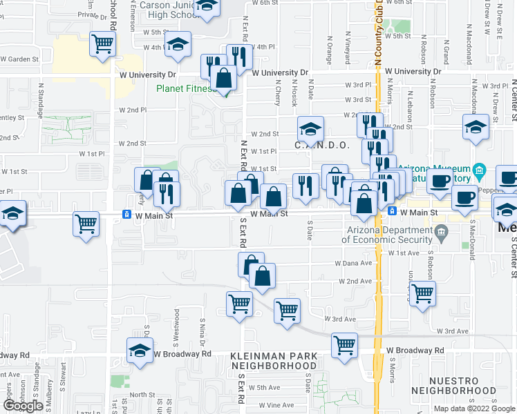 map of restaurants, bars, coffee shops, grocery stores, and more near 738 West Main Street in Mesa