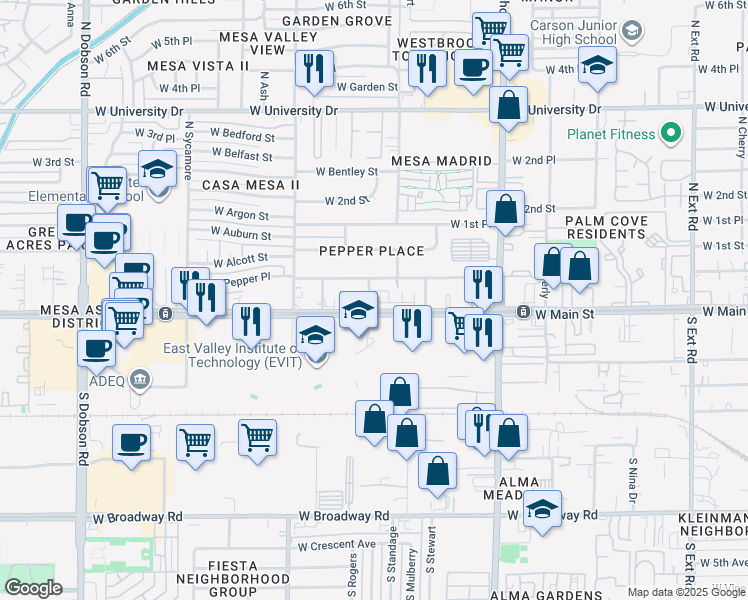 map of restaurants, bars, coffee shops, grocery stores, and more near 20 North Rogers in Mesa