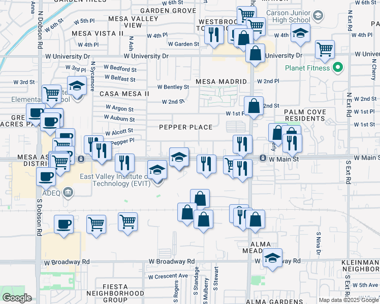 map of restaurants, bars, coffee shops, grocery stores, and more near 1406 West Main Street in Mesa