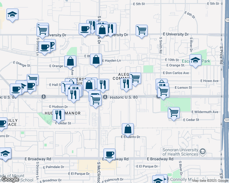 map of restaurants, bars, coffee shops, grocery stores, and more near 1830 East Apache Boulevard in Tempe