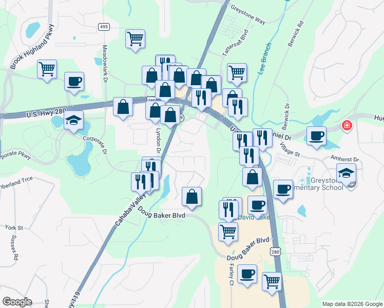 map of restaurants, bars, coffee shops, grocery stores, and more near 139 Old Brook Place in Birmingham
