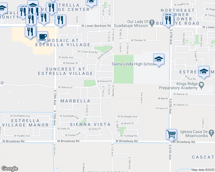 map of restaurants, bars, coffee shops, grocery stores, and more near 3612 South 71st Drive in Phoenix