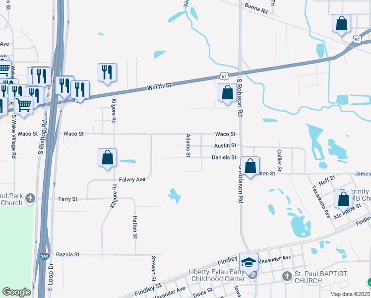 map of restaurants, bars, coffee shops, grocery stores, and more near 3409 Austin Street in Texarkana