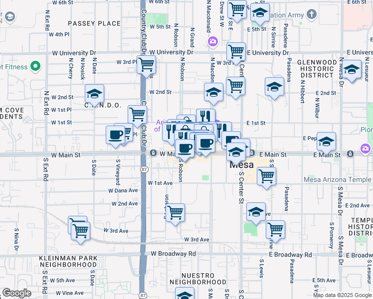map of restaurants, bars, coffee shops, grocery stores, and more near 160 West Main Street in Mesa