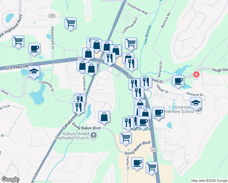 map of restaurants, bars, coffee shops, grocery stores, and more near 401 Old Brook Circle in Birmingham