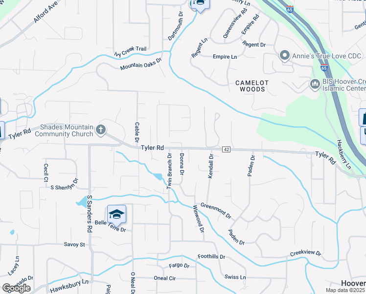 map of restaurants, bars, coffee shops, grocery stores, and more near 2373 Tyler Road in Vestavia Hills