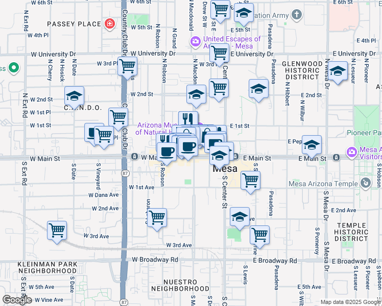 map of restaurants, bars, coffee shops, grocery stores, and more near 4 North Macdonald in Mesa