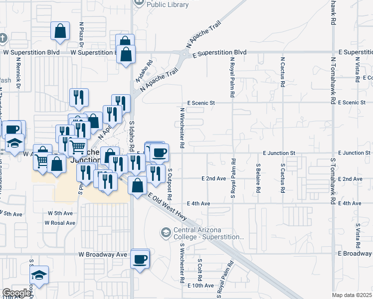 map of restaurants, bars, coffee shops, grocery stores, and more near 430 East Junction Street in Apache Junction