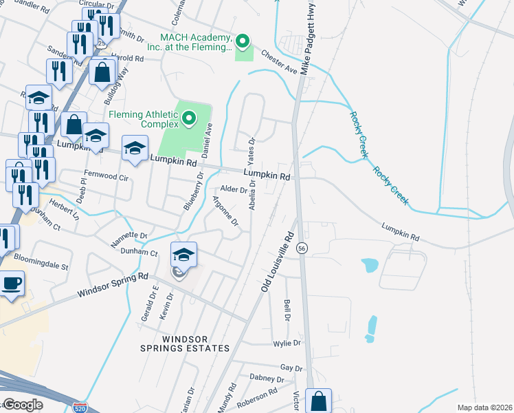 map of restaurants, bars, coffee shops, grocery stores, and more near 2916 Abelia Avenue in Augusta