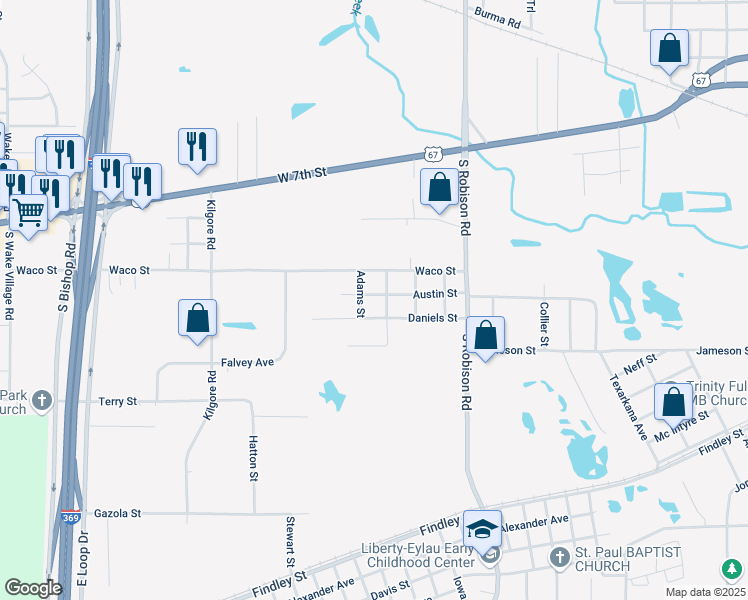 map of restaurants, bars, coffee shops, grocery stores, and more near 3409 Austin Street in Texarkana