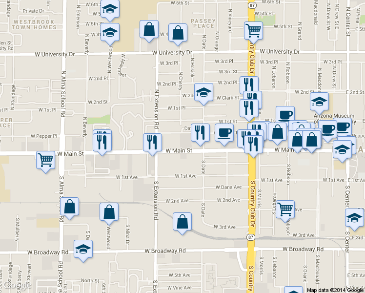 map of restaurants, bars, coffee shops, grocery stores, and more near 668 W Main St in Mesa