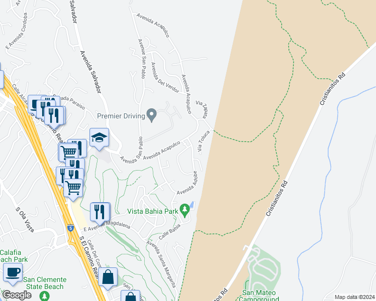 map of restaurants, bars, coffee shops, grocery stores, and more near 567 Avenida Adobe in San Clemente