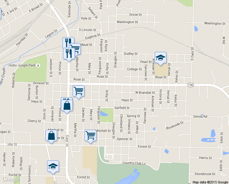 map of restaurants, bars, coffee shops, grocery stores, and more near Bramble Street in Texarkana