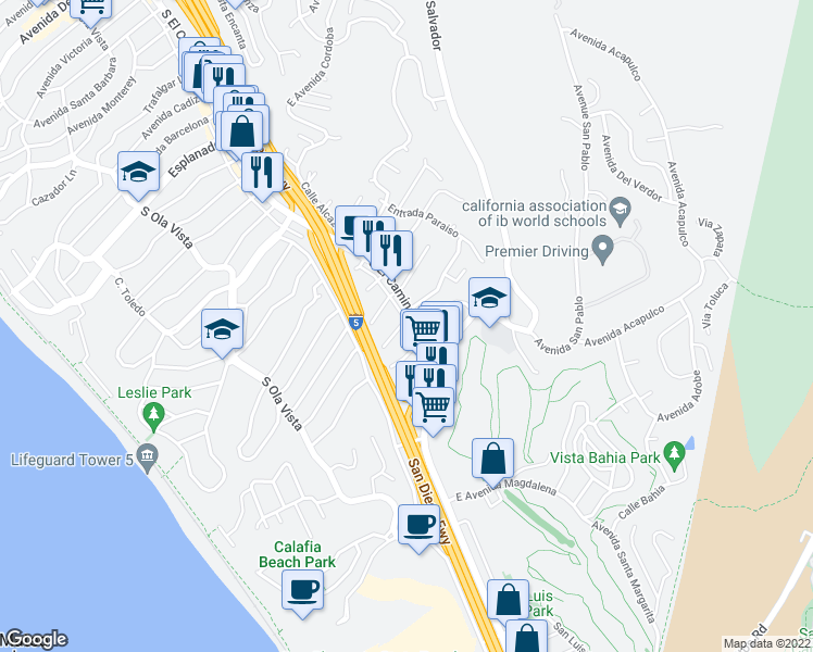 map of restaurants, bars, coffee shops, grocery stores, and more near 1 West Avenida Junipero in San Clemente