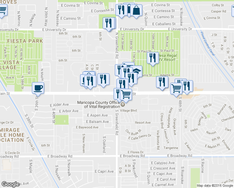 map of restaurants, bars, coffee shops, grocery stores, and more near E Main St & N Greenfield Rd in Mesa