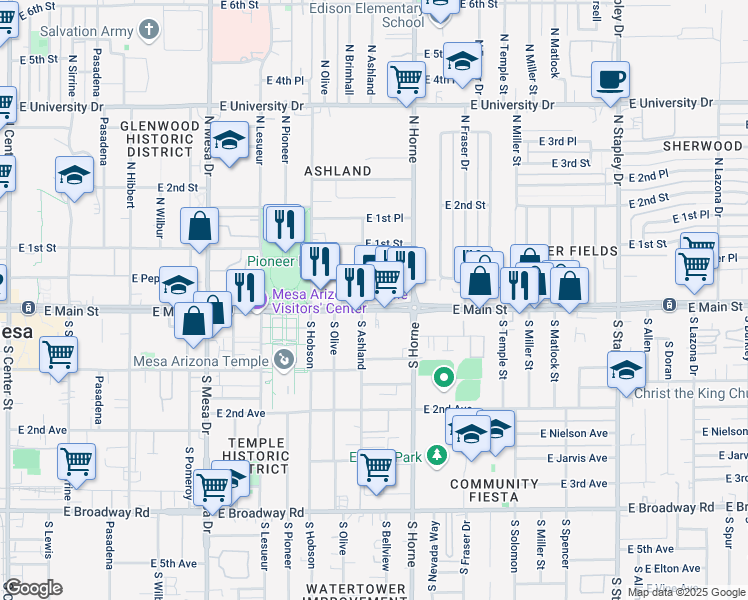 map of restaurants, bars, coffee shops, grocery stores, and more near 706 East Main Street in Mesa