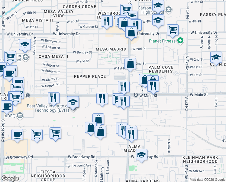 map of restaurants, bars, coffee shops, grocery stores, and more near 1310 West Main Street in Mesa