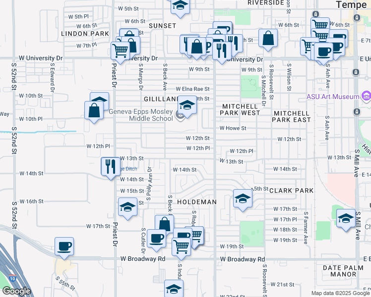 map of restaurants, bars, coffee shops, grocery stores, and more near 1048 West 12th Place in Tempe