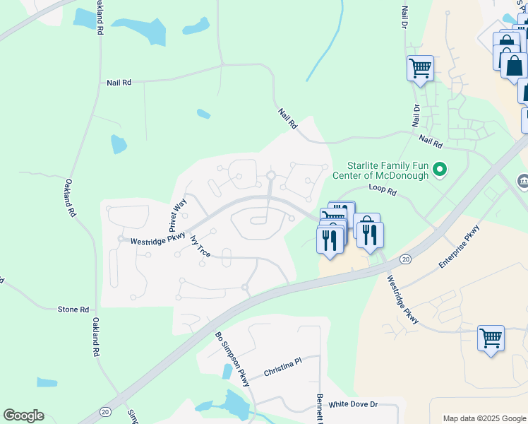 map of restaurants, bars, coffee shops, grocery stores, and more near 1365 Jubilee Lane in McDonough