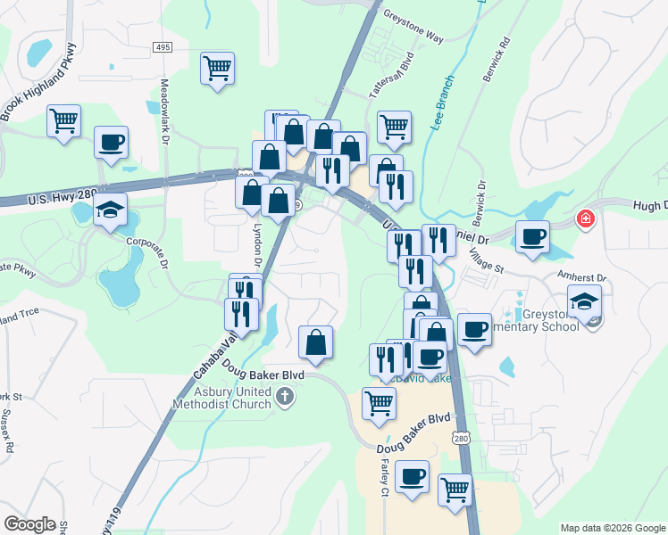map of restaurants, bars, coffee shops, grocery stores, and more near 401 Old Brook Circle in Birmingham