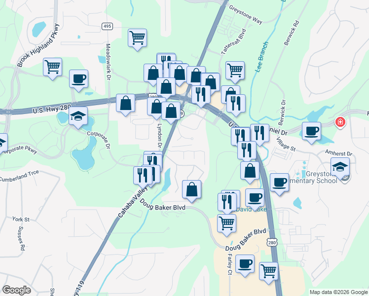 map of restaurants, bars, coffee shops, grocery stores, and more near 139 Old Brook Place in Birmingham