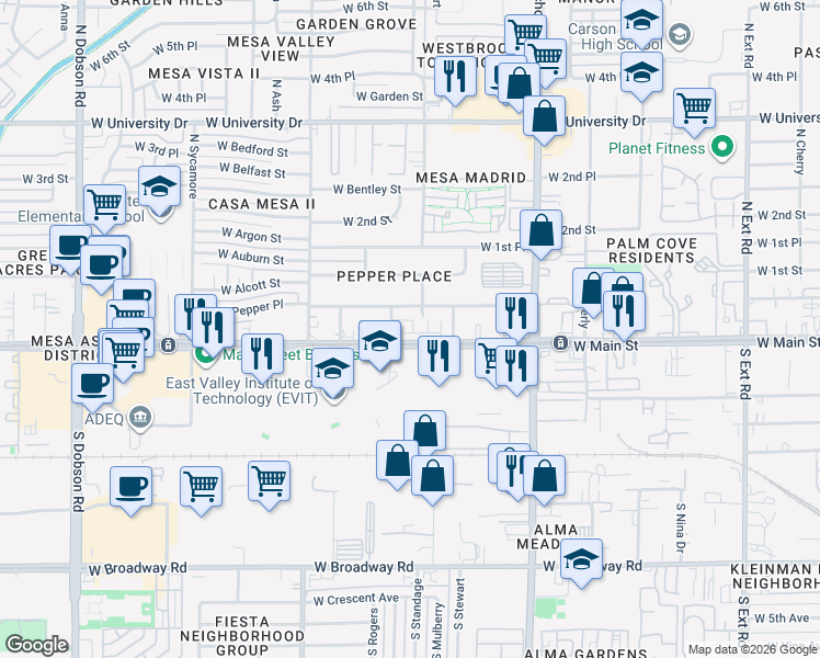 map of restaurants, bars, coffee shops, grocery stores, and more near 1406 West Main Street in Mesa
