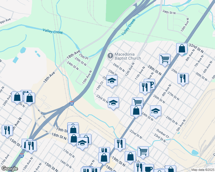 map of restaurants, bars, coffee shops, grocery stores, and more near 1223 24th Street North in Bessemer