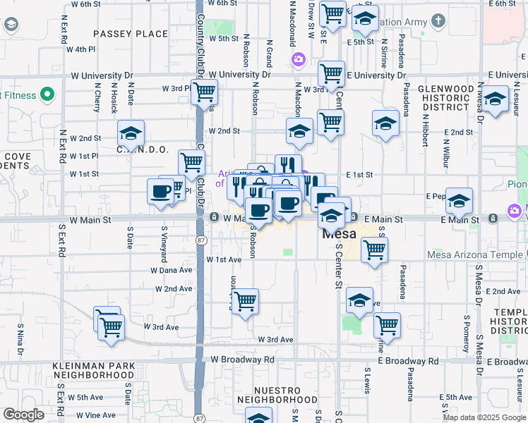 map of restaurants, bars, coffee shops, grocery stores, and more near 136 West Main Street in Mesa