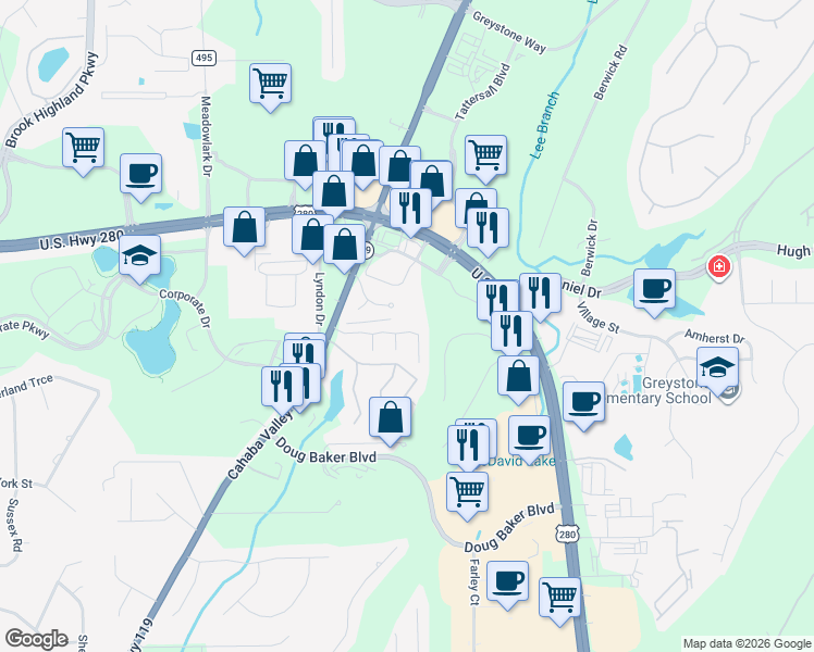 map of restaurants, bars, coffee shops, grocery stores, and more near 139 Old Brook Place in Birmingham