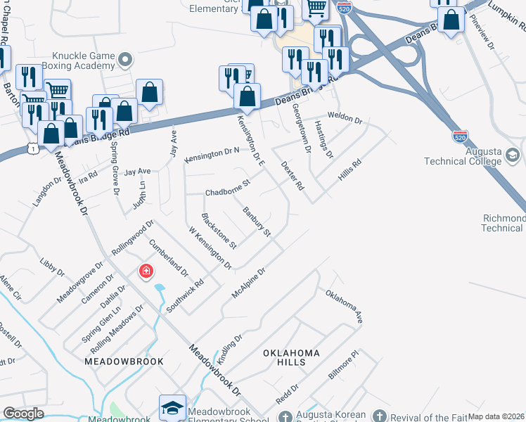 map of restaurants, bars, coffee shops, grocery stores, and more near 3403 Blackstone St in Augusta