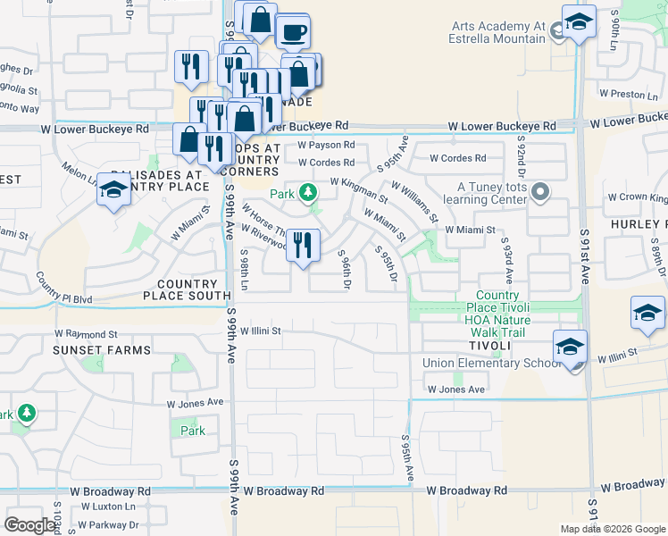 map of restaurants, bars, coffee shops, grocery stores, and more near 9708 W Riverside Ave in Tolleson