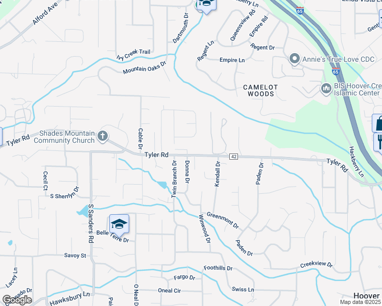 map of restaurants, bars, coffee shops, grocery stores, and more near 2373 Tyler Road in Vestavia Hills