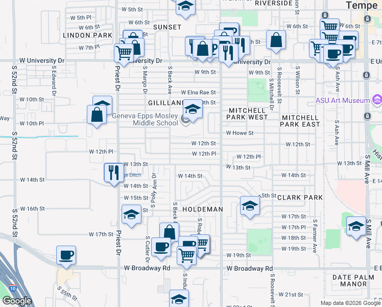 map of restaurants, bars, coffee shops, grocery stores, and more near 1048 West 12th Place in Tempe