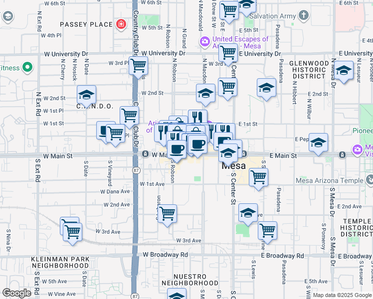 map of restaurants, bars, coffee shops, grocery stores, and more near 136 West Main Street in Mesa
