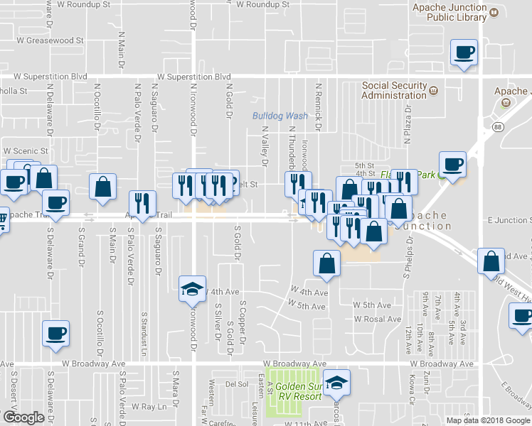 map of restaurants, bars, coffee shops, grocery stores, and more near 39 North Valley Drive in Apache Junction