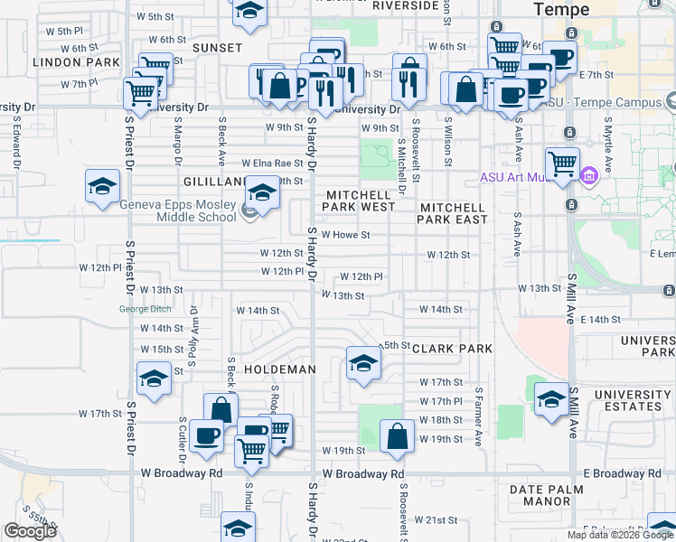 map of restaurants, bars, coffee shops, grocery stores, and more near 738 West 12th Place in Tempe