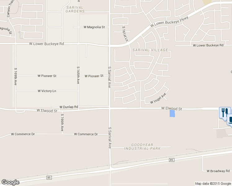 map of restaurants, bars, coffee shops, grocery stores, and more near 16281 West Lupine Avenue in Goodyear