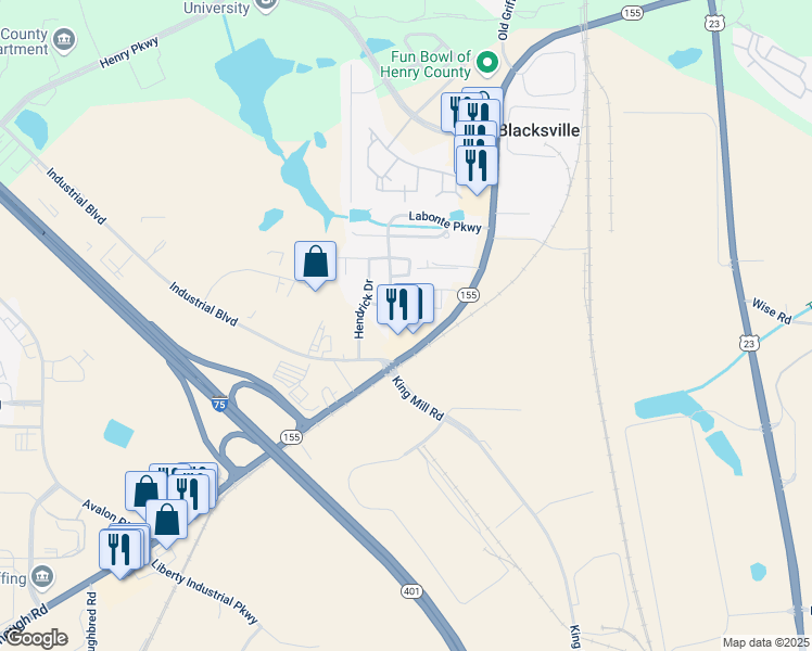 map of restaurants, bars, coffee shops, grocery stores, and more near 610 Georgia 155 South in McDonough