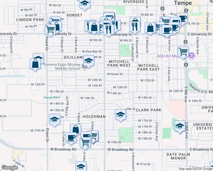 map of restaurants, bars, coffee shops, grocery stores, and more near 1006 West 12th Place in Tempe