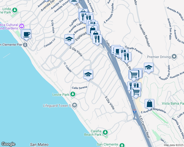 map of restaurants, bars, coffee shops, grocery stores, and more near 152 West Avenida De Los Lobos Marinos in San Clemente