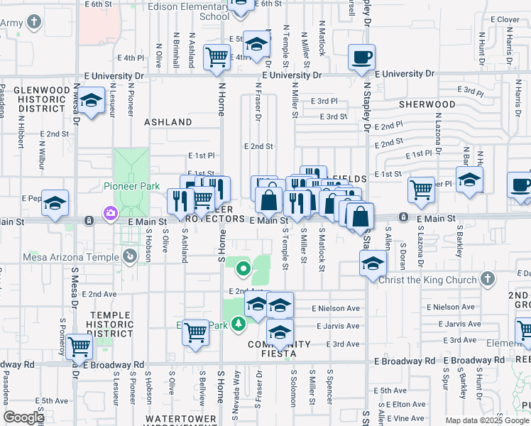 map of restaurants, bars, coffee shops, grocery stores, and more near 910 East Main Street in Mesa