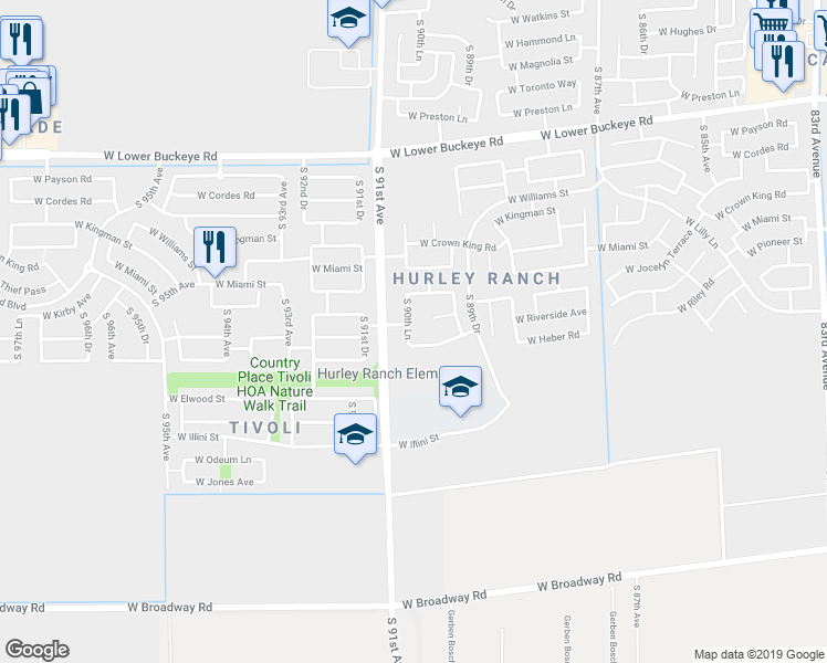 map of restaurants, bars, coffee shops, grocery stores, and more near 3419 South 90th Lane in Tolleson