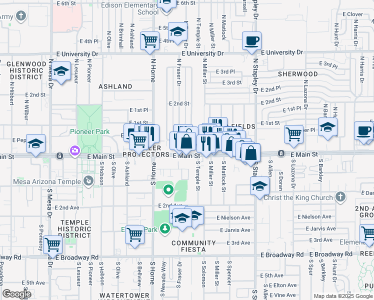 map of restaurants, bars, coffee shops, grocery stores, and more near 910 East Main Street in Mesa